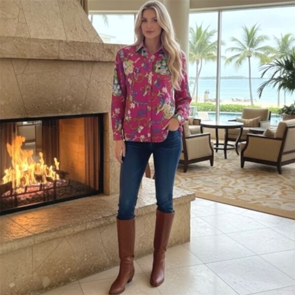 Diane von Furstenberg Tops - VTG Diane Von Furstenberg XL 100% Silk Button Up Blouse Floral Tropical Resort